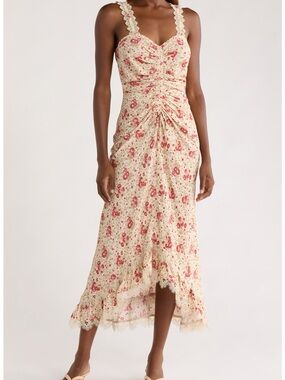 Cinq a Sept Stevie Ruched Dress - Cream Midi Dress with Pink Floral Accents